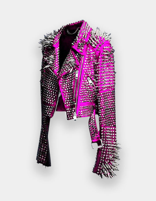 Women Genuine Cow Hide Leather Studded Jacket made with 100 % Top Quality Soft Pink Leather