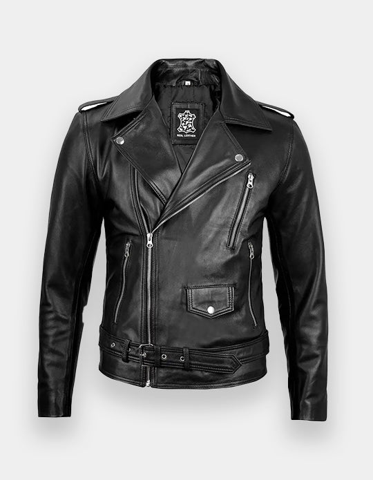 Men's Black Belted Moto Leather Jacket - Biker Style