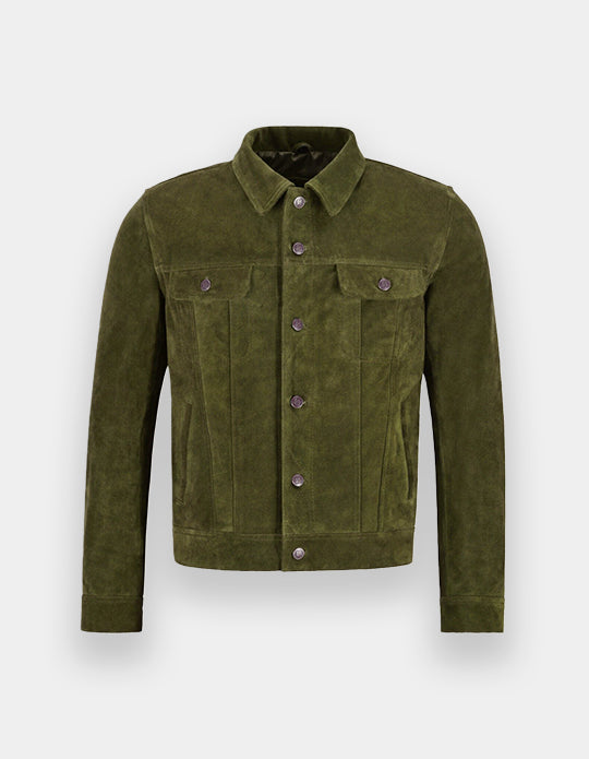 Men's Olive Green Suede Leather Shirt - Handmade Cowhide Jacket Shirt, Trucker Suede Jacket
