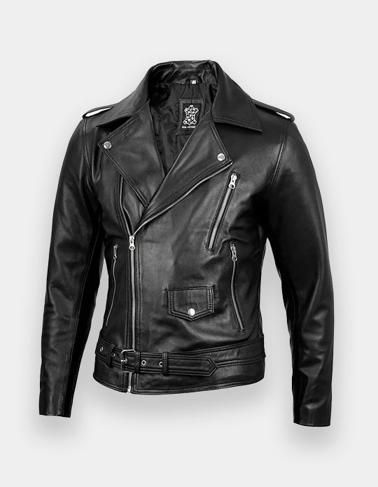 Men's Black Belted Moto Leather Jacket - Biker Style