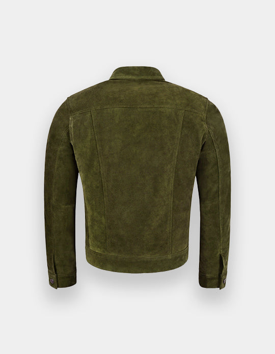 Men's Olive Green Suede Leather Shirt - Handmade Cowhide Jacket Shirt, Trucker Suede Jacket