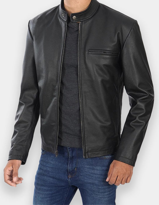 Men's Black Cowhide Leather Cafe Racer Jacket