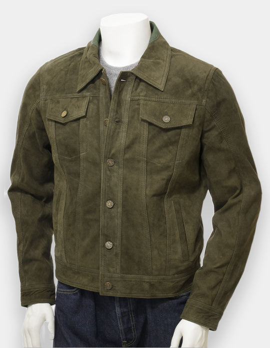 Men's Olive Green Suede Leather Shirt - Handmade Cowhide Jacket Shirt, Trucker Suede Jacket