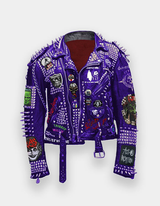 Spiked Gothic Men, Steampunk Studded Jacket, Cowhide Leather Patchwork, Dead Kennedy Clothing, Skull Social Tendencies Jacket,