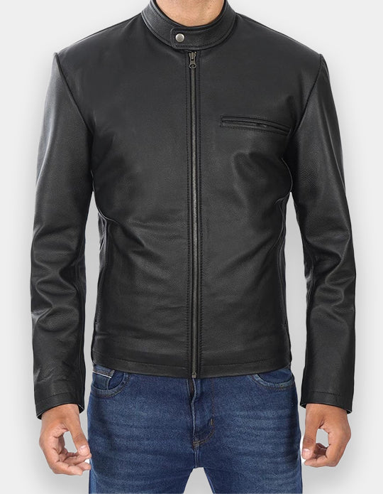 Men's Black Cowhide Leather Cafe Racer Jacket