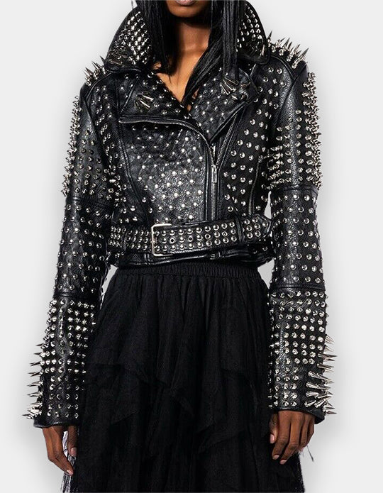 Women Motorcycle Black Color Jacket, Handmade Silver Studs jacket, Spiked Studs Jacket, Brando Waist Belt Jacket, Personalized Lapel Collar,