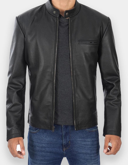 Men's Black Cowhide Leather Cafe Racer Jacket