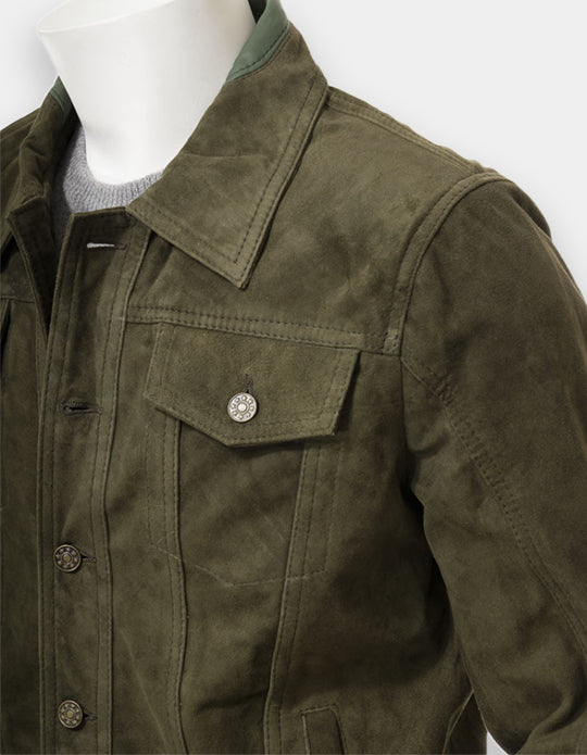 Men's Olive Green Suede Leather Shirt - Handmade Cowhide Jacket Shirt, Trucker Suede Jacket