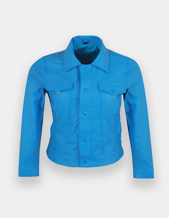 Women's Trucker Leather Jacket Classic Western Shirt Style Sky Blue Fashion Leather Jacket, Chaqueta de ante camionero para mujer