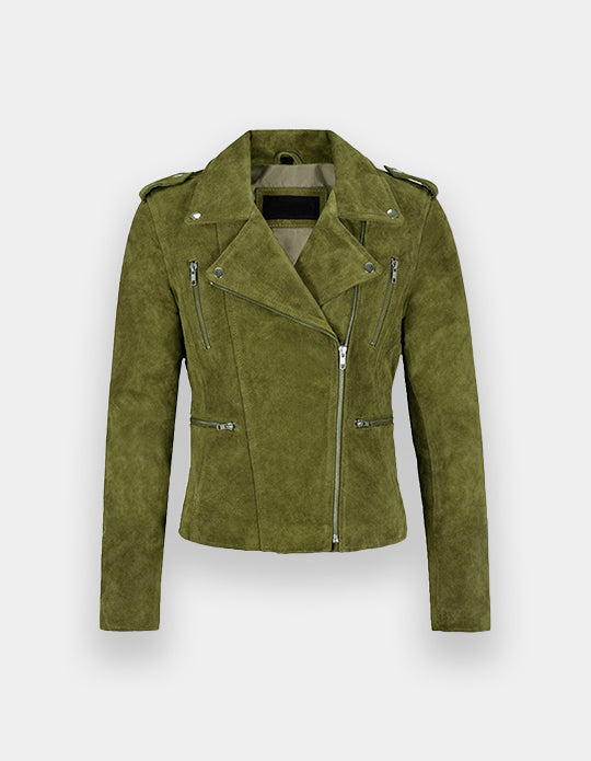 New Women's Biker Suede Leather Jacket Olive Suede Classic Fashion Casual Jacket, Chaqueta de ante en marrón oscuro.