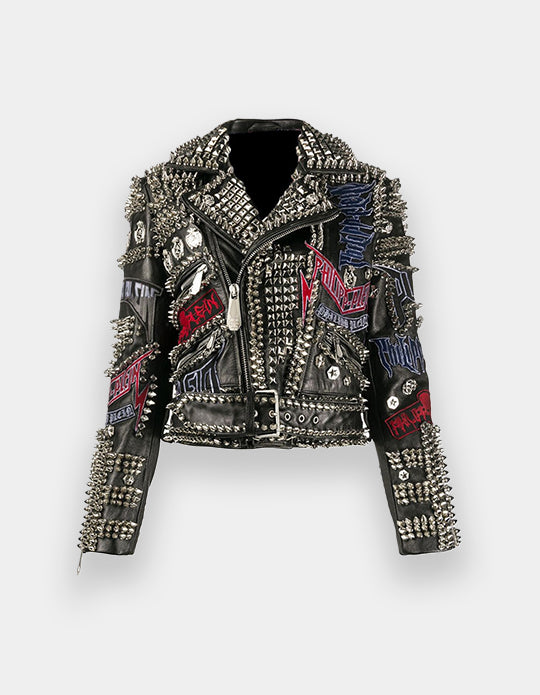 Men’s Punk Rock Studded Leather Jacket – Custom Spiked Biker Jacket, Colorful Patchwork, Heavy Metal Moto Style, Gothic Rebel Wear