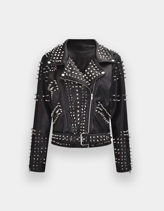 Women's Punk Gothic Heavy Studs Brando Patches Jacket, Handmade Motorbike Steampunk Cowhide Leather Jacket, Silver Spiked Studded Jacket,