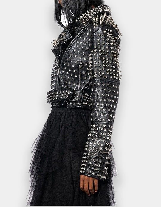 Women Motorcycle Black Color Jacket, Handmade Silver Studs jacket, Spiked Studs Jacket, Brando Waist Belt Jacket, Personalized Lapel Collar,