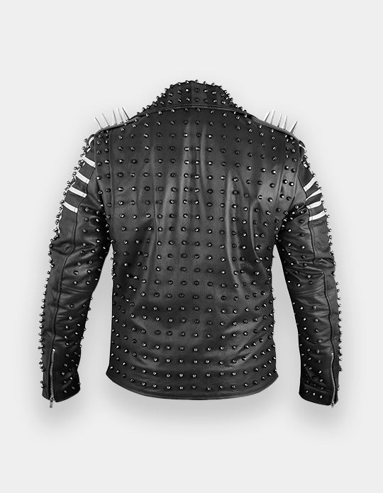 Men's Black &amp; White Studded Leather Jacket with Patches
Brando Style | Belted Collar Waist | Stylish Motorbike Jacket
