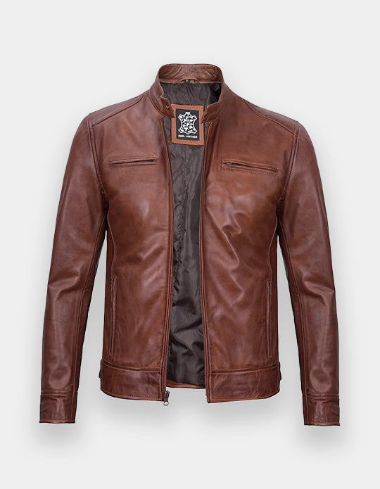 Men's Cognac Cafe Racer Leather Jacket
