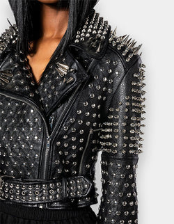 Women Motorcycle Black Color Jacket, Handmade Silver Studs jacket, Spiked Studs Jacket, Brando Waist Belt Jacket, Personalized Lapel Collar,