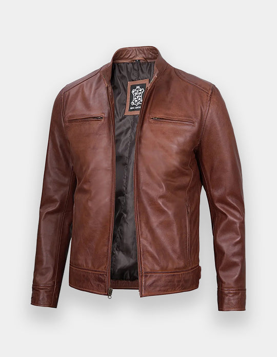 Men's Cognac Cafe Racer Leather Jacket