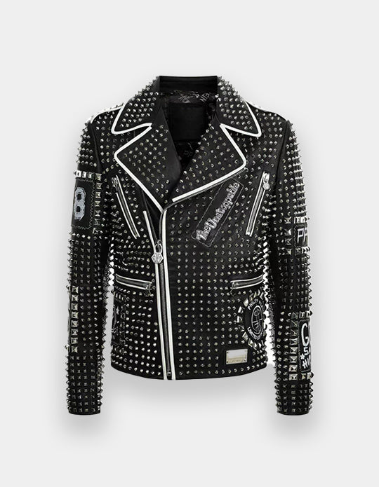 Men's Full Studded Embroidery Patches Leather Jacket, Biker-Jacke mit Nieten