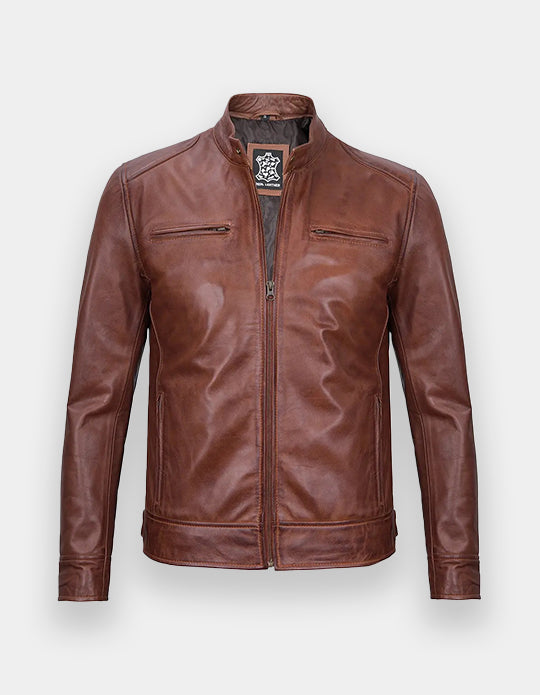 Men's Cognac Cafe Racer Leather Jacket