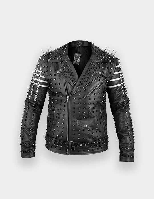 Men's Black &amp; White Studded Leather Jacket with Patches
Brando Style | Belted Collar Waist | Stylish Motorbike Jacket