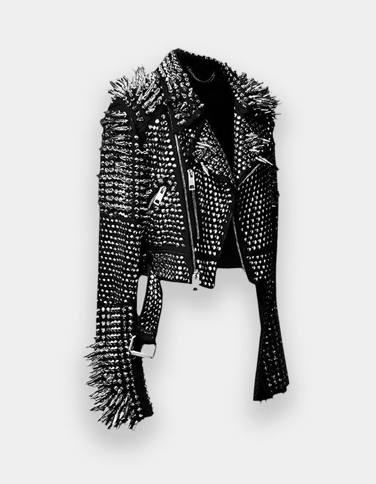 Women Genuine Cow Hide Leather Studded Jacket made with 100 % Top Quality Soft Black Leather