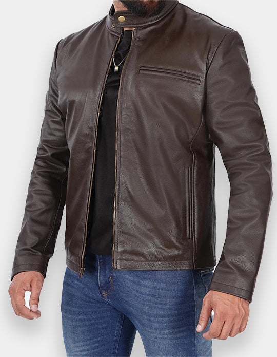 Men's Dark Brown Cowhide Leather Cafe Racer Jacket