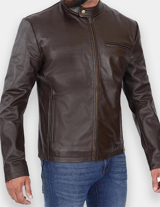 Men's Dark Brown Cowhide Leather Cafe Racer Jacket