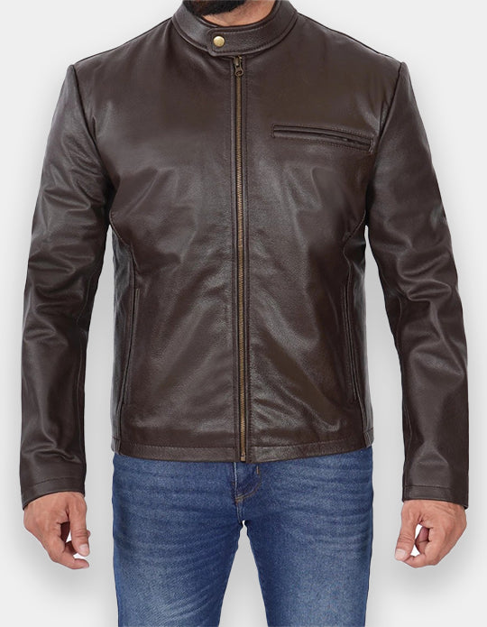 Men's Dark Brown Cowhide Leather Cafe Racer Jacket