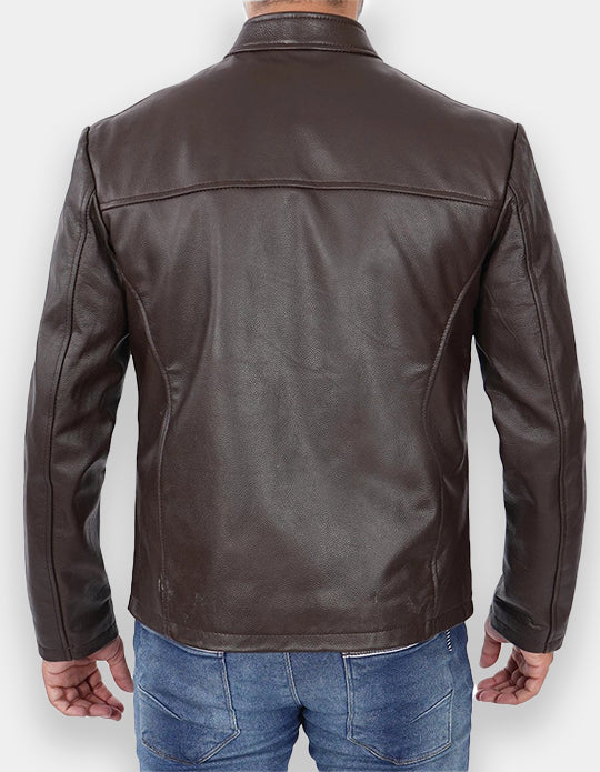 Men's Dark Brown Cowhide Leather Cafe Racer Jacket