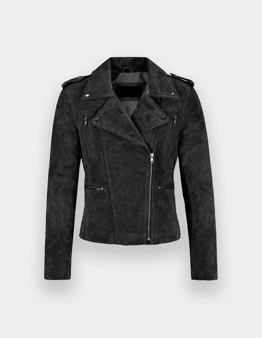 New Women's Biker Suede Leather Jacket Olive Suede Classic Fashion Casual Jacket, Chaqueta de ante en marrón oscuro.