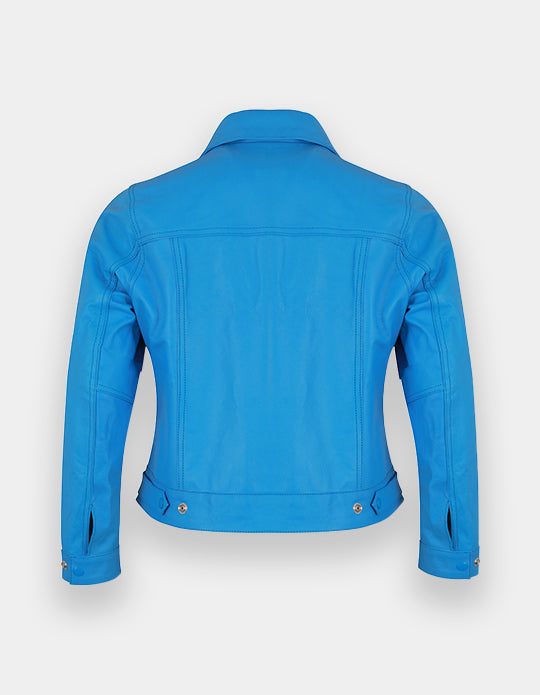 Women's Trucker Leather Jacket Classic Western Shirt Style Sky Blue Fashion Leather Jacket, Chaqueta de ante camionero para mujer