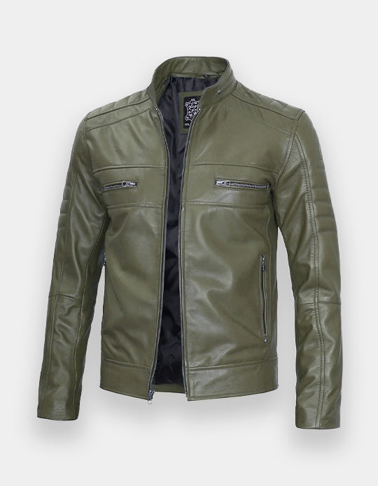 Austin Men Cafe Racer Dark Green Real Leather Jacket