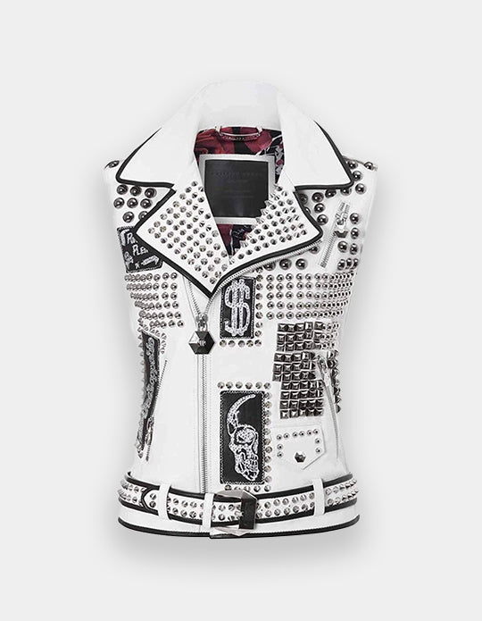 Mens Real Leather White Studded Spike Vest - Handmade Bar Leather Vest - Biker Waistcoat - Party Wear Leather Vest