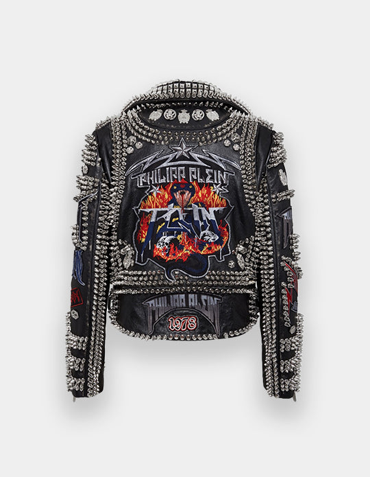 Men’s Punk Rock Studded Leather Jacket – Custom Spiked Biker Jacket, Colorful Patchwork, Heavy Metal Moto Style, Gothic Rebel Wear