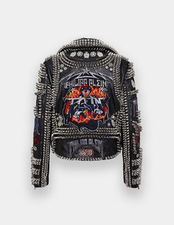 Men’s Punk Rock Studded Leather Jacket – Custom Spiked Biker Jacket, Colorful Patchwork, Heavy Metal Moto Style, Gothic Rebel Wear
