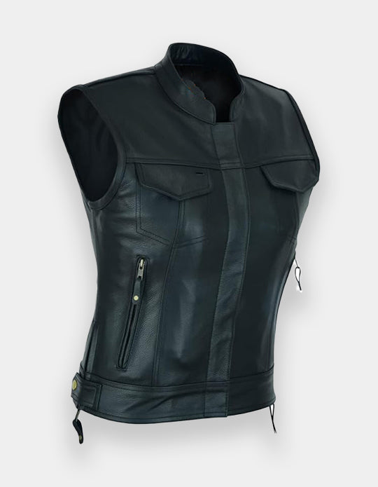 Women's Top Grain Cowhide Club Style Motorcycle Soft thick Leather Vest