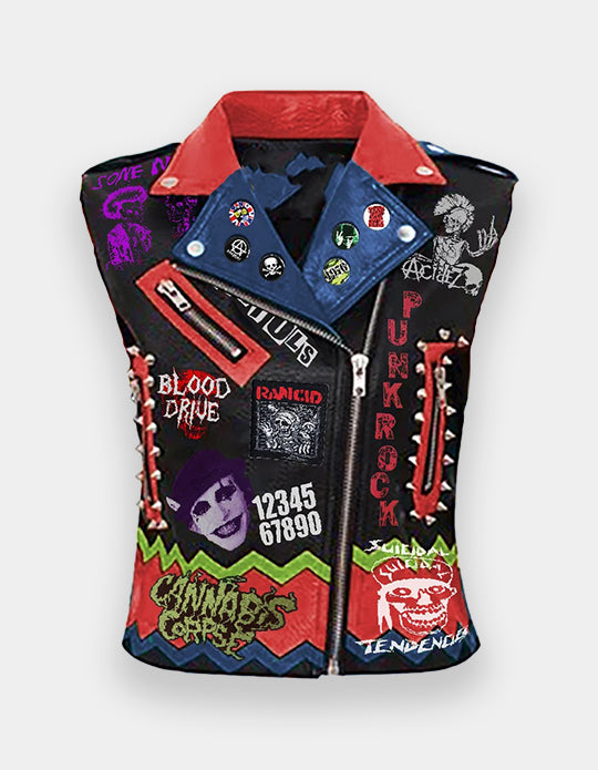 Colorful Montage Spiked Studwork, Men Fashion Patches Leather Outfit, Cannibal Crops Vest Jacket, Punk Rock Suicidal Tendencies Biker Wear,