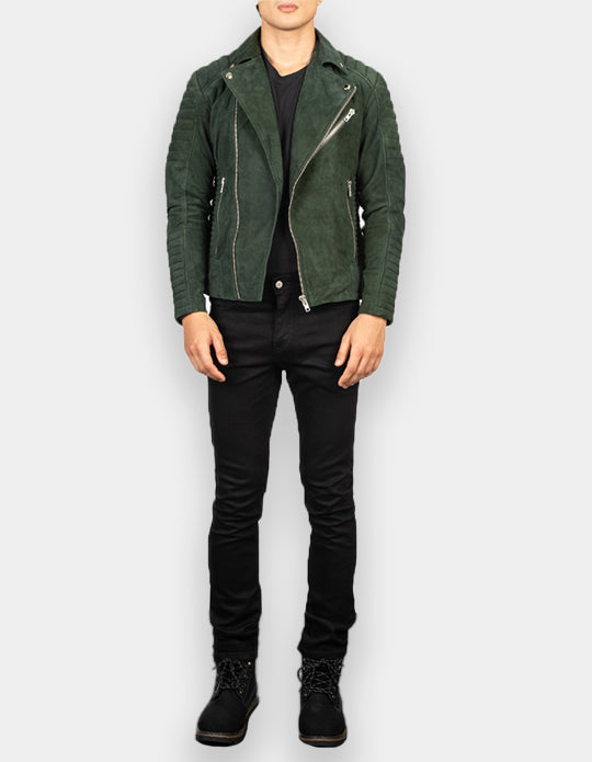 Olive Green Suede Leather Jacket for Men's