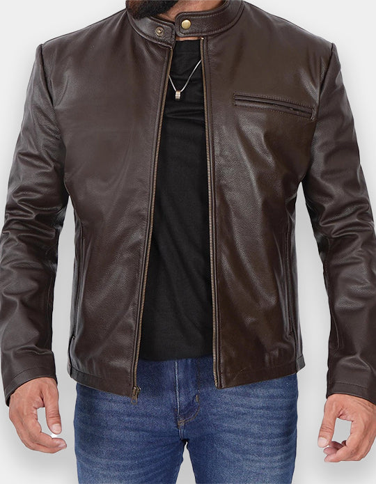 Men's Dark Brown Cowhide Leather Cafe Racer Jacket