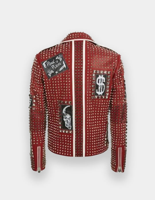 Men's Full Studded Embroidery Patches Leather Jacket, Biker-Jacke mit Nieten