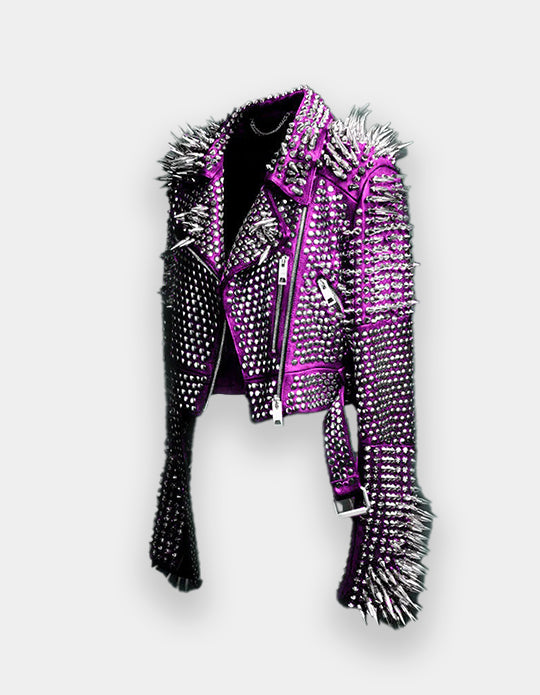 Women Purple Military Jacket. Purple Studded Leather Jacket, Women Spiked Steam Punk Jacket Gothic, Rockers Studded Jacket