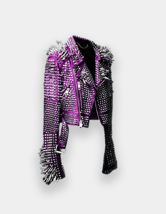 Women Purple Military Jacket. Purple Studded Leather Jacket, Women Spiked Steam Punk Jacket Gothic, Rockers Studded Jacket