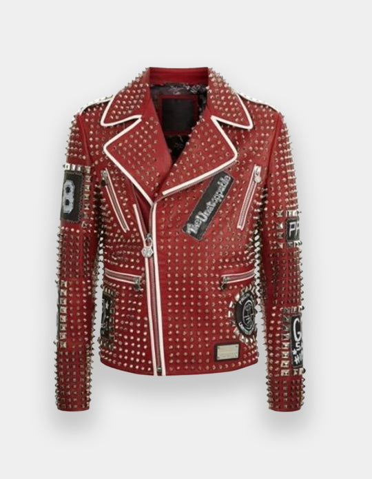 Men's Full Studded Embroidery Patches Leather Jacket, Biker-Jacke mit Nieten