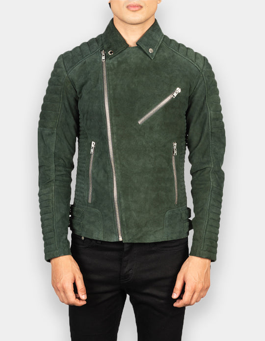Olive Green Suede Leather Jacket for Men's