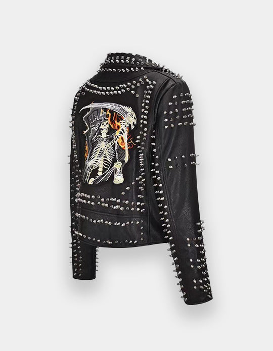 Women's Punk Gothic Heavy Studs Brando Patches Jacket, Handmade Motorbike Steampunk Cowhide Leather Jacket, Silver Spiked Studded Jacket,