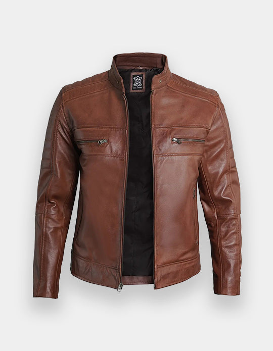 Austin Men Cafe Racer Cognac Brown Leather Jacket