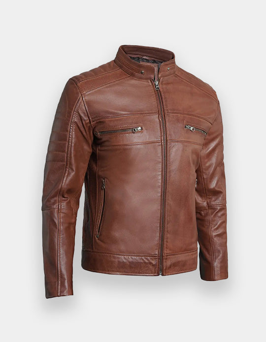 Austin Men Cafe Racer Cognac Brown Leather Jacket