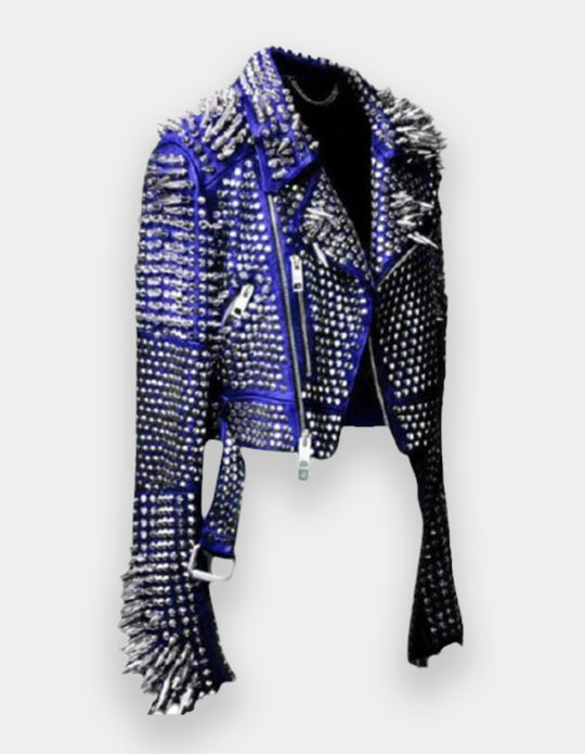 Men Blue Spiked Jacket, Blue Studded Leather Jacket, Men Spiked Steam Punk Jacket Gothic, Rockers Studded Jacket