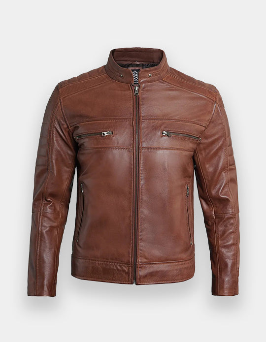 Austin Men Cafe Racer Cognac Brown Leather Jacket