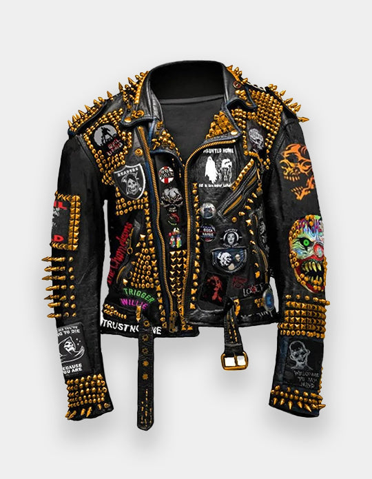 Men's Clone &amp; Loine Multi Patches, Black Leather Jacket with Golden Studs, Punk Style, Party Club Wear